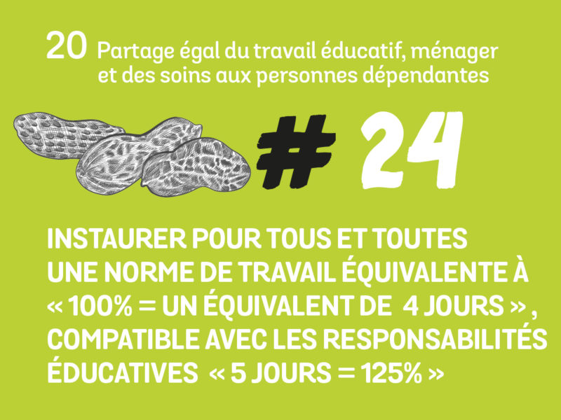 24 Instaurer une norme de travail équivalente à « 100% = un équivalent de  4 jours » pour tous et toutes, compatible avec les responsabilités éducatives / « 5 jours = 125% »